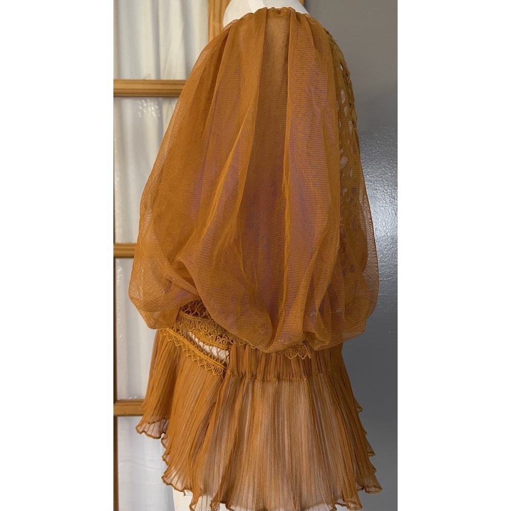 Haute Monde Floral Embroidery Peplum Blouse S Gold Lace Sheer Puff Sleeve Party - Picture 3 of 15